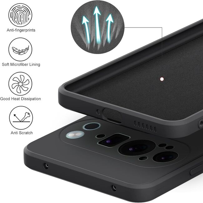Husa pentru  Google Pixel 9 Pro XL Liquid Silicone, subțire, captusita cu microfibra, anti amprentă, protectie cameră foto, negru