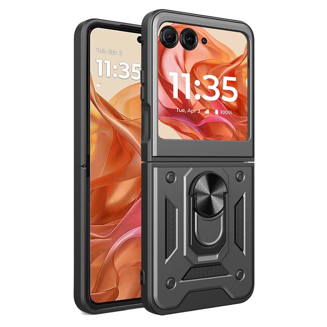 Husa pentru  Motorola Razr 50 Ring Armor Kickstand Tough Rugged Cover cu protectie camera, negru