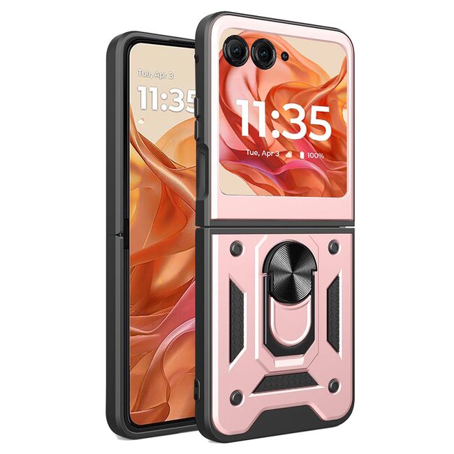 Husa pentru  Motorola Razr 50 Ring Armor Kickstand Tough Rugged Cover cu protectie camera, rose inchis