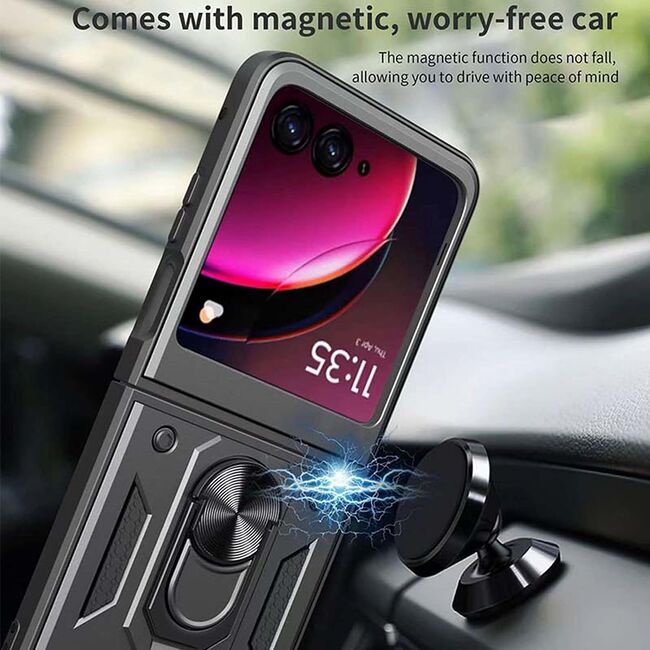 Husa pentru  Motorola Razr 50 Ultra Ring Armor Kickstand Tough Rugged Cover cu protectie camera, negru