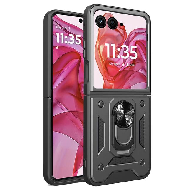 Husa pentru  Motorola Razr 50 Ultra Ring Armor Kickstand Tough Rugged Cover cu protectie camera, negru