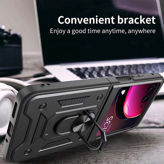 Husa pentru  Motorola Razr 50 Ultra Ring Armor Kickstand Tough Rugged Cover cu protectie camera, negru