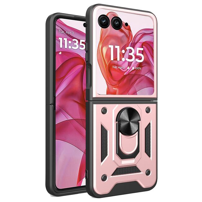 Husa pentru  Motorola Razr 50 Ultra Ring Armor Kickstand Tough Rugged Cover cu protectie camera, ros inchis