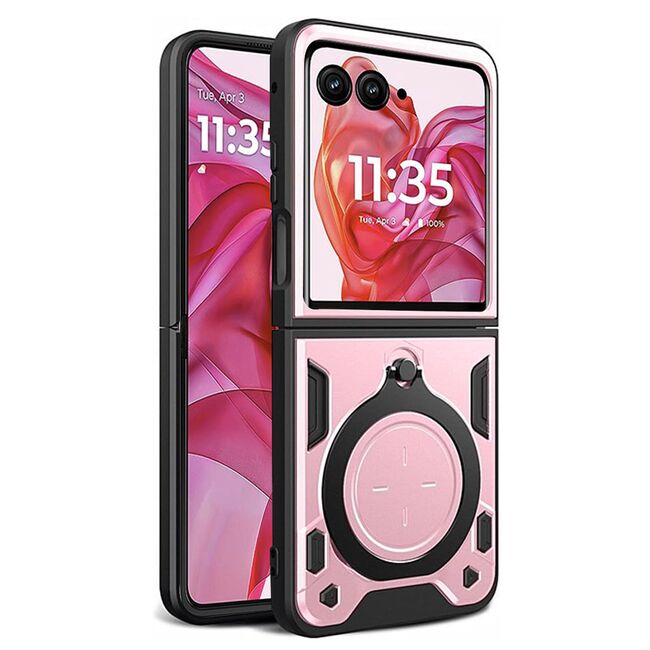Husa pentru  Motorola Razr 50 Ultra cu protecție pentru cameră și suport magnetic integrat Ring Shockproof, roz inchis