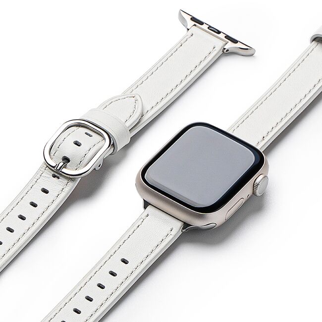 Curea pentru Apple Watch 4, 5, 6, 7, 8, 9, SE, SE2, Ultra, Ultra 2 (38/40/41mm) Leather Slim - alb