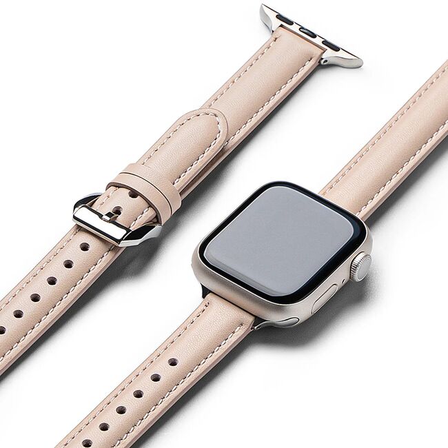 Curea pentru Apple Watch 4, 5, 6, 7, 8, 9, SE, SE2, Ultra, Ultra 2 (38/40/41mm) Leather Slim  - roz deschis