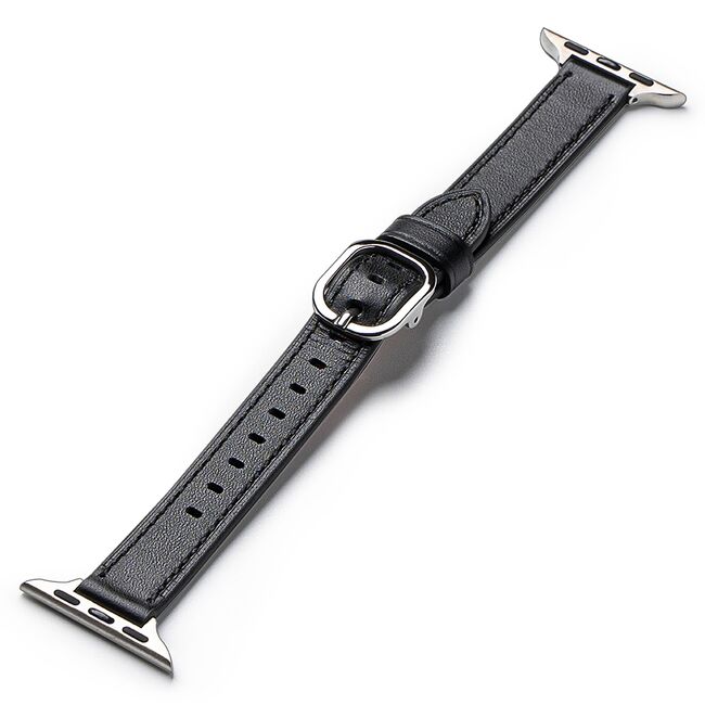 Curea pentru Apple Watch 4, 5, 6, 7, 8, 9, SE, SE2, Ultra, Ultra 2 (38/40/41mm) Leather Slim - negru