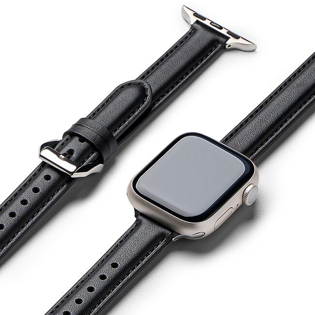 Curea pentru Apple Watch 4, 5, 6, 7, 8, 9, SE, SE2, Ultra, Ultra 2 (38/40/41mm) Leather Slim - negru intens
