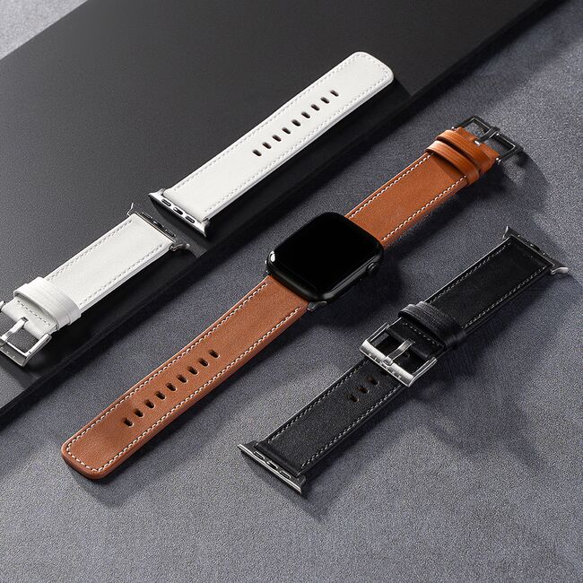 Curea pentru Apple Watch 4, 5, 6, 7, 8, 9, SE, SE2, Ultra, Ultra 2 (42/44/45/49mm) Leather - maro intens
