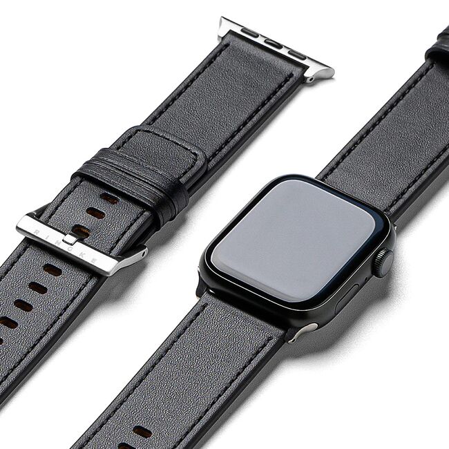 Curea pentru Apple Watch 4, 5, 6, 7, 8, 9, SE, SE2, Ultra, Ultra 2 (42/44/45/49mm) Leather - negru intens