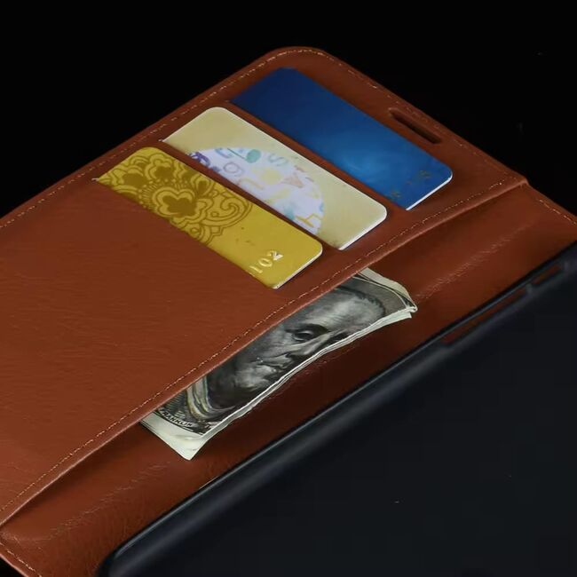 Husa pentru  Samsung Galaxy S24 tip carte cu inchidere magnetica, compartimente pentru carduri si functie stand, maro