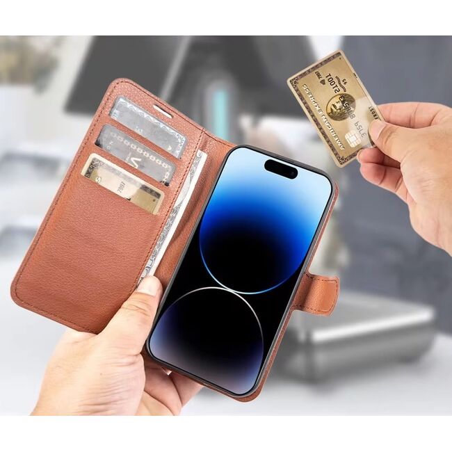 Husa pentru  Samsung Galaxy S24 tip carte cu inchidere magnetica, compartimente pentru carduri si functie stand, maro