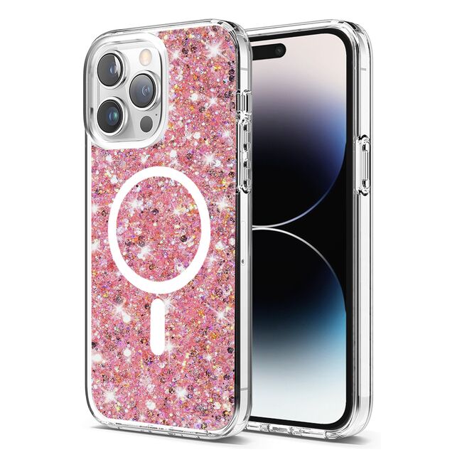 Husa pentru  iPhone 14 Pro Max MagSafe cu sclipici Liquid Crystal Glitter, roz