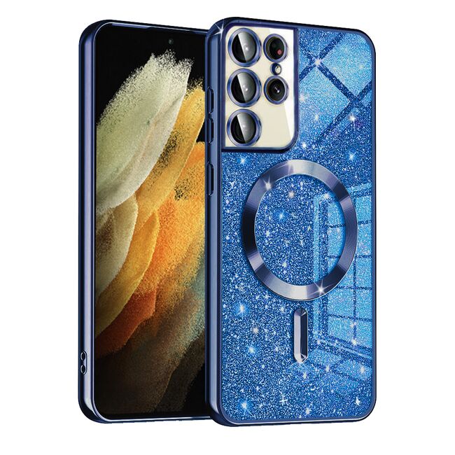 Husa pentru Samsung Galaxy S21 Ultra cu MagSafe Sparkle Glare Detachable Layer, cu protectie lentile - albastru