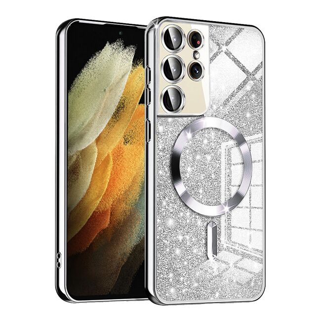 Husa pentru Samsung Galaxy S21 Ultra cu MagSafe Sparkle Glare Detachable Layer, cu protectie lentile - argintiu
