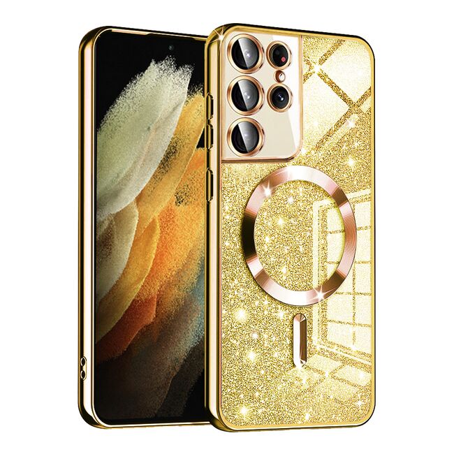 Husa pentru Samsung Galaxy S21 Ultra cu MagSafe Sparkle Glare Detachable Layer, cu protectie lentile - auriu