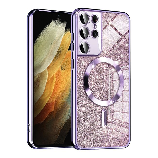 Husa pentru Samsung Galaxy S21 Ultra cu MagSafe Sparkle Glare Detachable Layer, cu protectie lentile - mov deschis