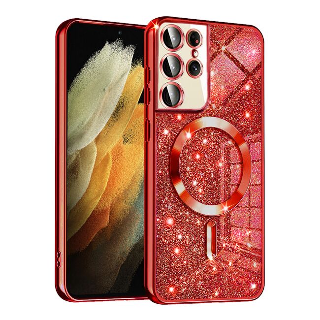Husa pentru Samsung Galaxy S21 Ultra cu MagSafe Sparkle Glare Detachable Layer, cu protectie lentile - rosu
