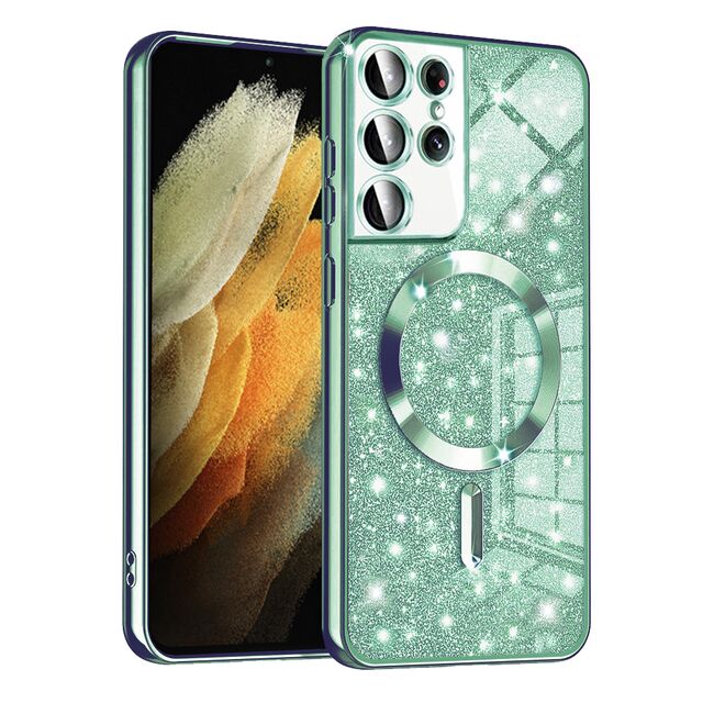 Husa pentru Samsung Galaxy S21 Ultra cu MagSafe Sparkle Glare Detachable Layer, cu protectie lentile - verde deschis