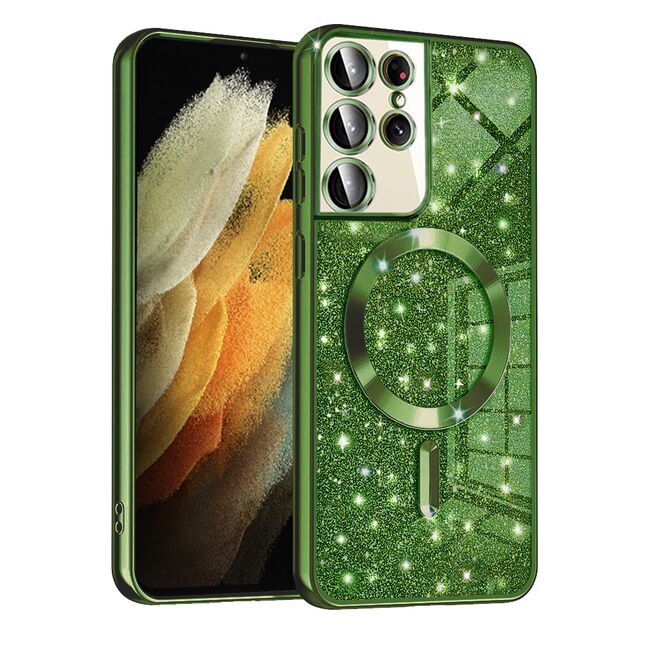 Husa pentru Samsung Galaxy S21 Ultra cu MagSafe Sparkle Glare Detachable Layer, cu protectie lentile - verde