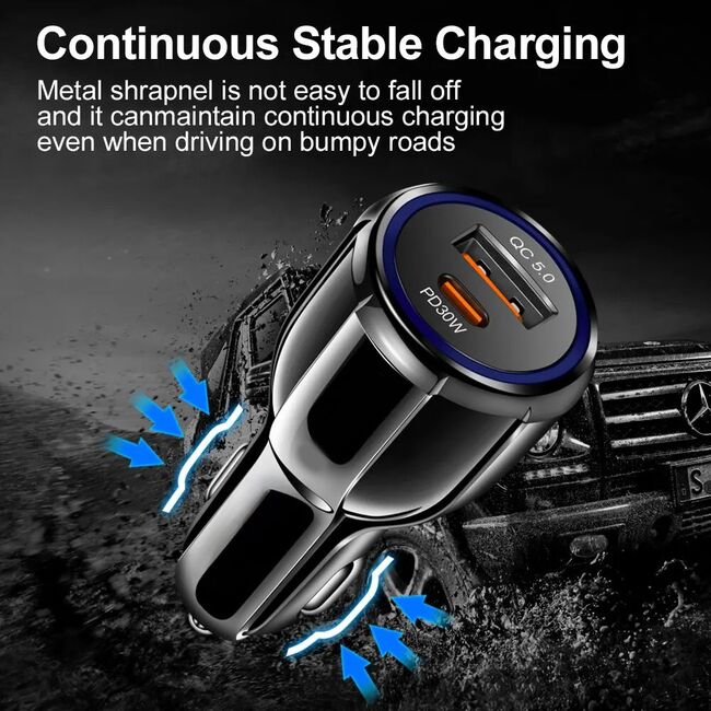 Incarcator auto Universal Fast Charge 60W, Dual Port, 1 x USB QC5.0 30W, 1 x USB Tip-C PD30W, cu detectare inteligenta a incarcarii, iluminat LED, negru