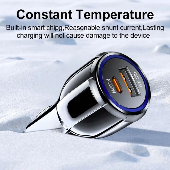 Incarcator auto Universal Fast Charge 60W, Dual Port, 1 x USB QC5.0 30W, 1 x USB Tip-C PD30W, cu detectare inteligenta a incarcarii, iluminat LED, negru