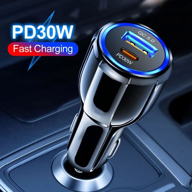 Incarcator auto Universal Fast Charge 60W, Dual Port, 1 x USB QC5.0 30W, 1 x USB Tip-C PD30W, cu detectare inteligenta a incarcarii, iluminat LED, negru