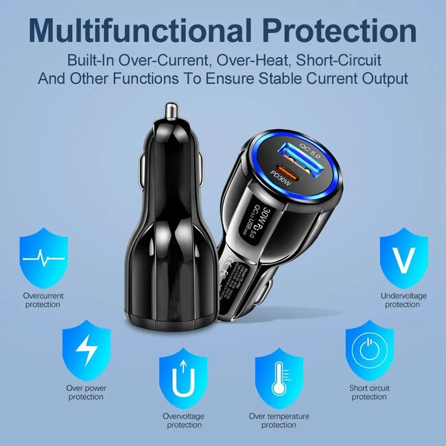 Incarcator auto Universal Fast Charge 60W, Dual Port, 1 x USB QC5.0 30W, 1 x USB Tip-C PD30W, cu detectare inteligenta a incarcarii, iluminat LED, negru