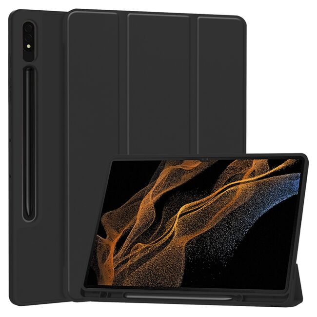 Husa pentru iSamsung Galaxy Tab S8 Ultra usoara si subtire cu functie wake-up/sleep si compartiment pentru stylus, tip stand - negru