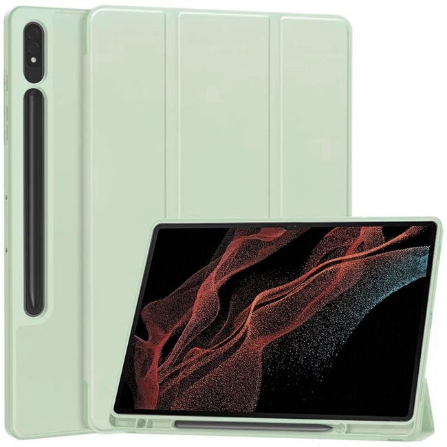 Husa pentru iSamsung Galaxy Tab S8 Ultra usoara si subtire cu functie wake-up/sleep si compartiment pentru stylus, tip stand - verde deschis