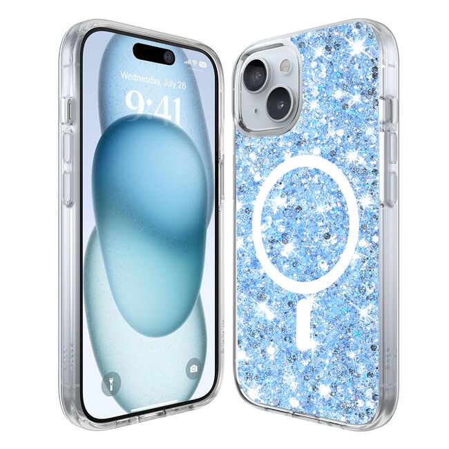 Husa pentru  iPhone 15 Plus MagSafe cu sclipici Liquid Crystal Glitter, albastru