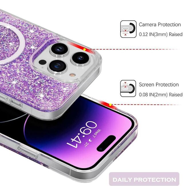 Husa pentru  iPhone 15 Plus MagSafe cu sclipici Liquid Crystal Glitter, albastru