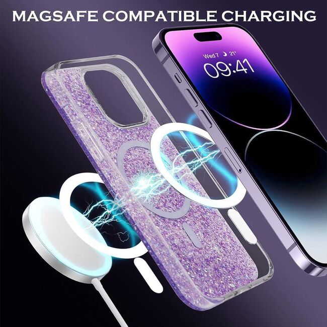 Husa pentru  iPhone 15 Plus MagSafe cu sclipici Liquid Crystal Glitter, albastru
