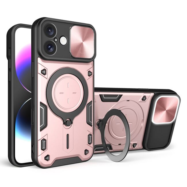 Husa pentru  iPhone 16 Plus cu protecție pentru cameră și suport magnetic integrat Ring Shockproof, roz