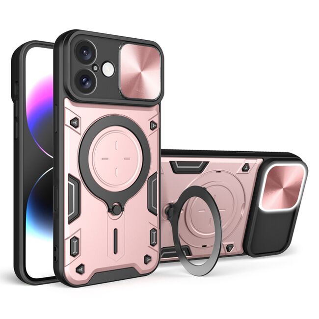 Husa pentru  iPhone 16 cu protecție pentru cameră și suport magnetic integrat Ring Shockproof, roz