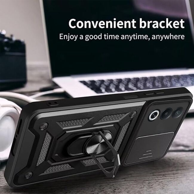 Husa pentru  Oppo A80 Ring Armor Kickstand Tough Rugged Cover cu protectie camera, negru