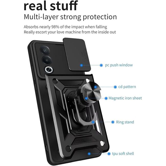 Husa pentru  Oppo A80 Ring Armor Kickstand Tough Rugged Cover cu protectie camera, negru