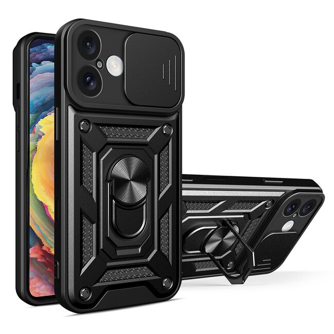 Husa pentru  iPhone 16 Plus Ring Armor Kickstand Tough Rugged Cover cu protectie camera, negru