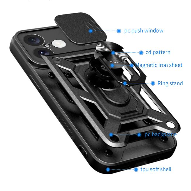 Husa pentru  iPhone 16 Plus Ring Armor Kickstand Tough Rugged Cover cu protectie camera, negru