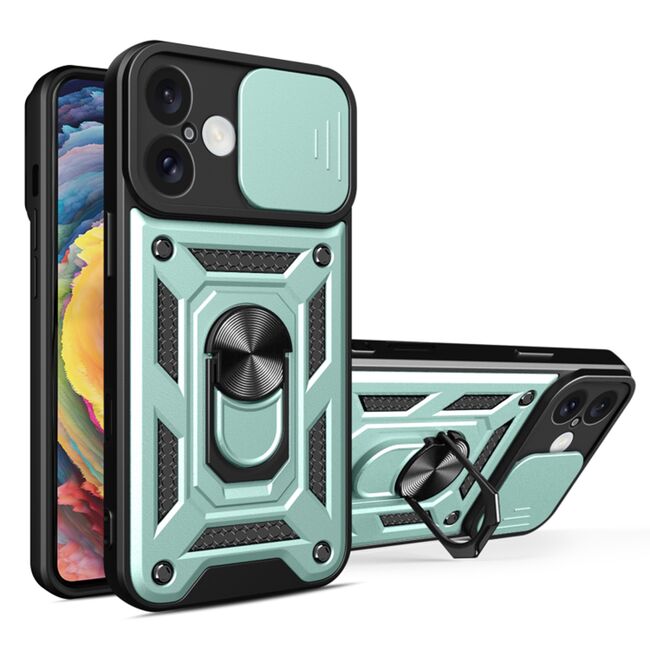 Husa pentru  iPhone 16 Plus Ring Armor Kickstand Tough Rugged Cover cu protectie camera, verde