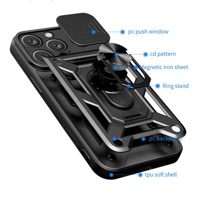 Husa pentru  iPhone 16 Pro Max Ring Armor Kickstand Tough Rugged Cover cu protectie camera, albastru