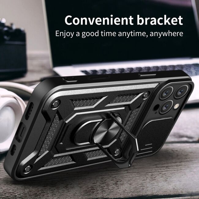 Husa pentru  iPhone 16 Pro Max Ring Armor Kickstand Tough Rugged Cover cu protectie camera, albastru
