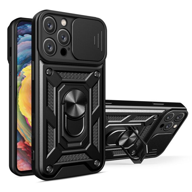 Husa pentru  iPhone 16 Pro Max Ring Armor Kickstand Tough Rugged Cover cu protectie camera, negru