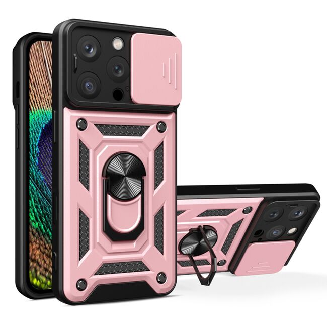 Husa pentru  iPhone 16 Pro Ring Armor Kickstand Tough Rugged Cover cu protectie camera, roz