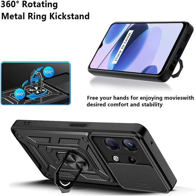 Husa pentru  Motorola Edge 50 Ring Armor Kickstand Tough Rugged Cover cu protectie camera, negru