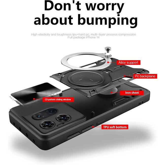 Husa pentru  Motorola Edge 50 cu protecție pentru cameră și suport magnetic integrat Ring Shockproof, negru