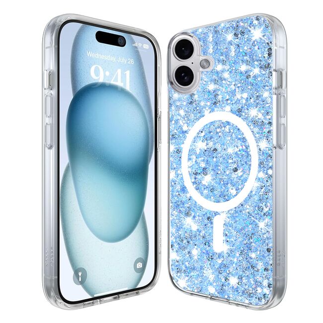 Husa pentru  iPhone 16 MagSafe cu sclipici Liquid Crystal Glitter, albastru