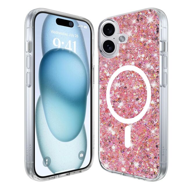 Husa pentru  iPhone 16 MagSafe cu sclipici Liquid Crystal Glitter, roz
