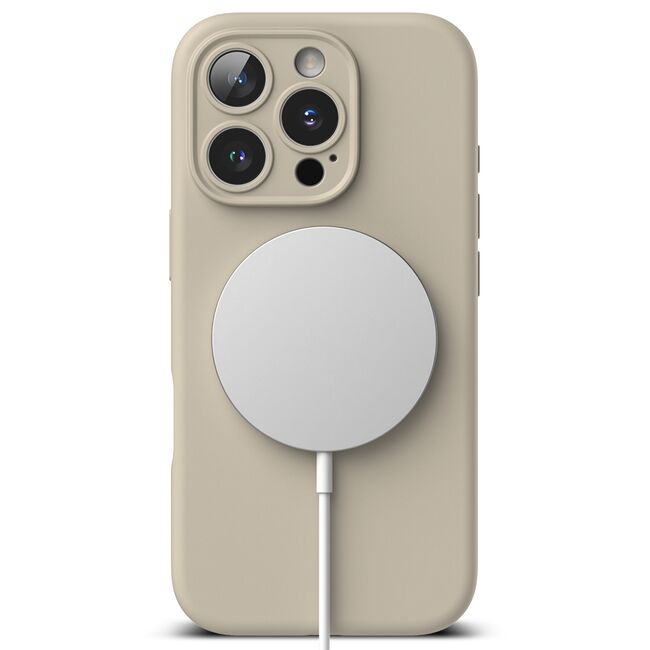 Husa premium pentru iPhone 16 Pro Silicone Magnetic compatibila MagSafe captusita cu microfibra - crem