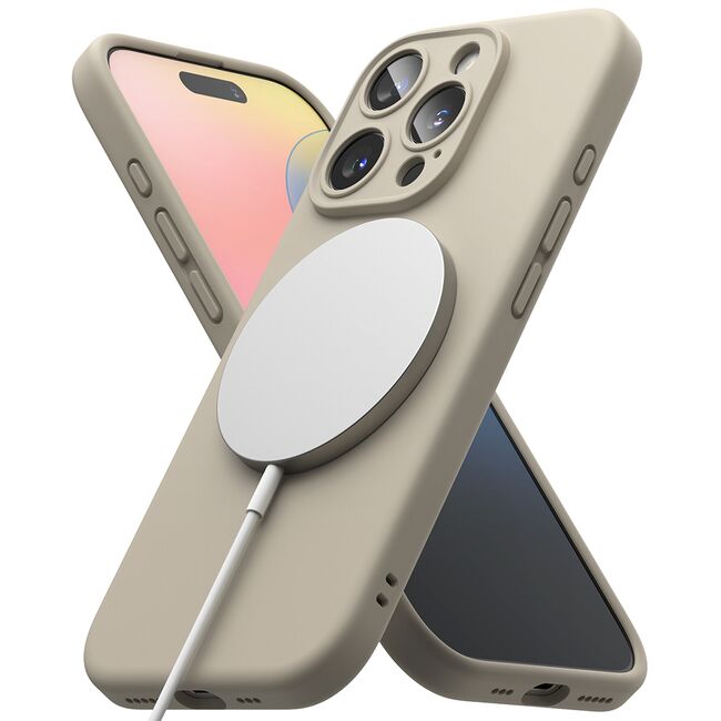 Husa premium pentru iPhone 16 Pro Silicone Magnetic compatibila MagSafe captusita cu microfibra - crem